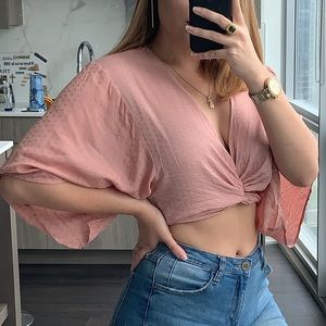 Pink tie , loose short-sleeved crop top